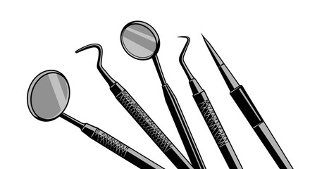  Dental mirror and hook with tools set in black for clinic brochures