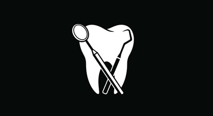  Tooth icon with dental mirror and hook on black for clinic logo design