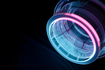 A futuristic ring glows with neon light, creating an abstract technological design that evokes innovation and virtual reality