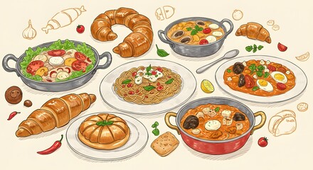 Delicious Food Variety Croissants, Savory Dishes, and Artistic Hand-Drawn Illustration for Culinary Delights and Restaurant Promotions