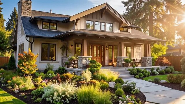 Slow Dolly Right Beautiful Craftsman Style House with Lush Landscaping. Generative AI.