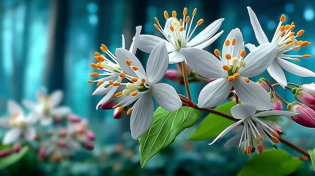 Deutzia (Deutzia gracilis) A graceful Deutzia with dainty white star-shaped flowers, evoking gentle elegance, blooming softly in a spring breeze, set in a peaceful woodland clearing with misty air.