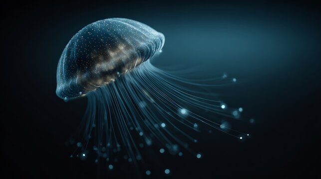 Glowing deep sea jellyfish Atolla wyvillei releasing bioluminescent pulse realistic anatomical structure scientific deep ocean image marine research visuals