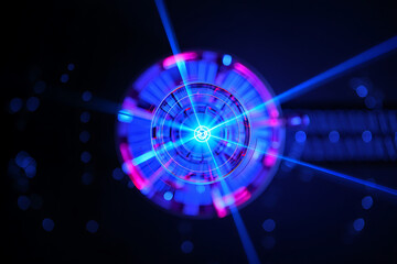 Fototapeta premium A futuristic abstract design features a bright blue circle with radiating light beams, symbolizing technological innovation and digital communication