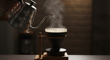 Pouring hot water from kettle into coffee filter on a pour over stand in a dimly lit environment