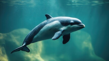Fototapeta premium Graceful dolphin swimming in a water tank.