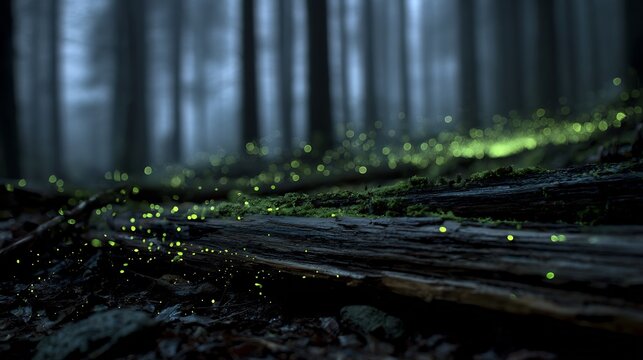 Glowing foxfire effect dense Appalachian forest faint green fungal light illuminating decaying logs atmospheric night forest scene with soft depth