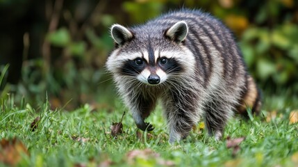 Fototapeta premium A raccoon walks through a grassy area.