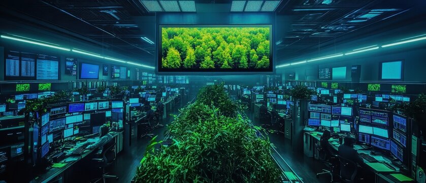 A Wall Street trading floor where AI brokers swap carbon futures, holograms of rising forests replacing ticker tapes
