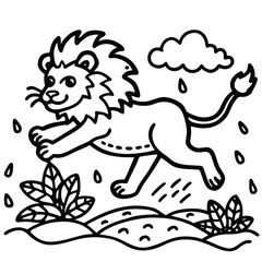 A lion in a garden with different activities kids coloring pages