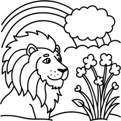 A lion in a garden with different activities kids coloring pages