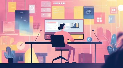 Fototapeta premium Digital workspace with person at computer and abstract data visuals