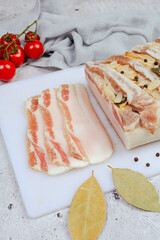 Raw pork fat with garlic. Salo. lard.