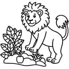 A lion in a garden with different activities kids coloring pages