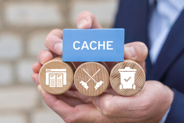 Person holding blocks with icons sees text: CACHE. Cleaning browser from trash files. Deleting...