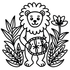 A lion in a garden with different activities kids coloring pages