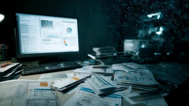 Innovative ideas are developing on a messy desk in an office at night, with a computer displaying graphs and charts and a lamp illuminating the space