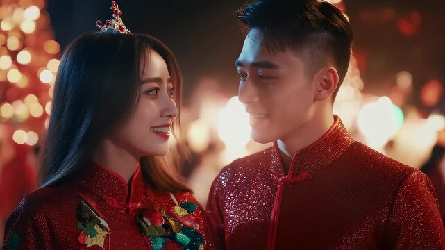Chinese couple in formal attire giving thumbs up blessings