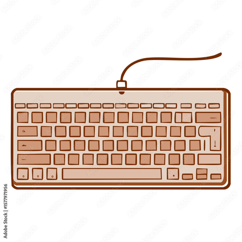 Poster illustration of a qwerty computer keyboard with cable connection and square keys for typing