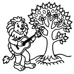 A lion in a garden with different activities kids coloring pages