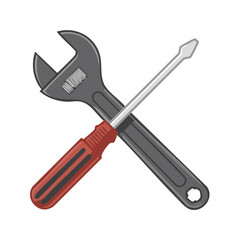 Adjustable wrench and screwdriver crossed depicting tools, mechanics, construction, repairs, maintenance, or handyman service concept