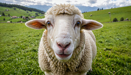 A funny sheep photobomb with a curious comical expression peering closely into the camera lens in a green pasture