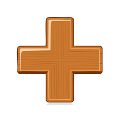 Fototapeta premium Brown wooden plus sign, cartoon style addition symbol, math and medical concept for creativity