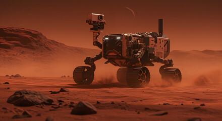 Sunset in the desert with agricultural machinery and vehicles on sandy road