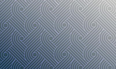 Geometric abstract background with interwoven curved lines forming a seamless pattern. Gradient from dark blue to light gray adds depth and a soft, modern aesthetic. © JUBO SIAK
