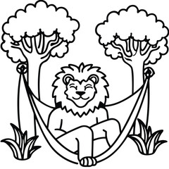 A lion in a garden with different activities kids coloring pages