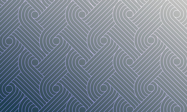 Geometric abstract background with interwoven curved lines forming a seamless pattern. Gradient from dark blue to light gray adds depth and a soft, modern aesthetic.