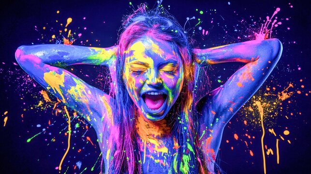 a woman covered in neon paint splatter under black light