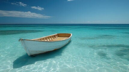 Naklejka premium Small fishing boat drifting on clear blue waters with sunlight reflections and gentle waves