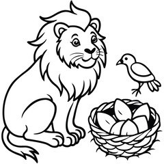 A lion in a garden with different activities kids coloring pages