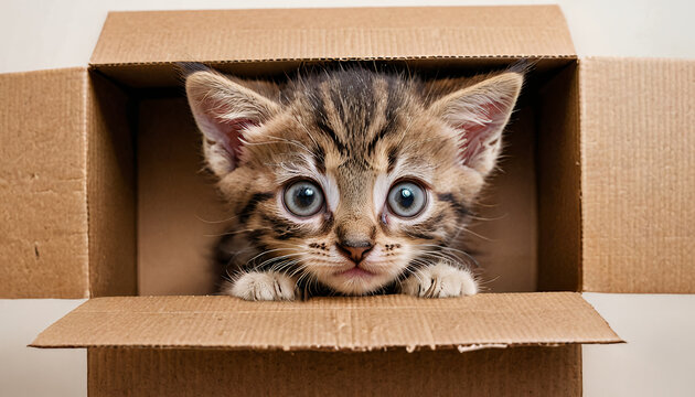 An adorable photo of a cute kitten with big curious eyes peeking out from inside a simple brown cardboard box - Powered by Adobe