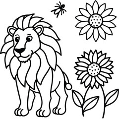 A lion in a garden with different activities kids coloring pages