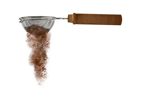 Sprinkle with cocoa powder, decorate a small sieve to sift flour, kitchen utensils, cookbooks, cooking, hand drawn on a transparent background.