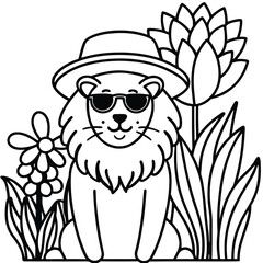 A lion in a garden with different activities kids coloring pages