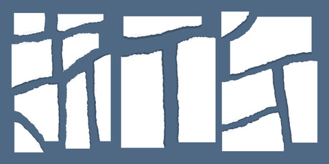 Torn paper collection. The sign is made up of three white squares that are cut out and arranged in a way that creates a sense of depth and texture