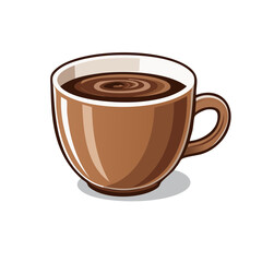 Cartoon illustration of a cup of hot brown coffee, swirling top, brown coffee mug, beverage, refreshment, and caffeine