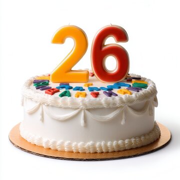 Festive 26th birthday celebration cake with colorful number candles and decorative icing on white frosted round cake against clean white background, perfect for anniversary party invitation