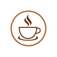 Obraz premium Brown Line Art Coffee Cup Icon with Hot Steam on Saucer within Circular Frame on Plain Backdrop