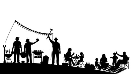Silhouettes celebrate at backyard barbecue with burgers and drinks in an outdoor family setting