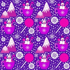 Christmas cartoon ice seamless snowman and cup pattern for wrapping paper and fabrics