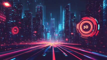 Futuristic cityscape with neon lights and light trails
