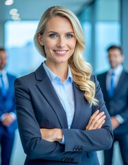 Happy cheerful 25-35 year old professional young business woman corporate leader, smiling positive mature female executive manager standing in office arms crossed looking at camera, portrait.
