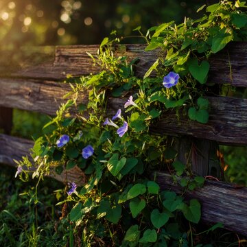 a wild patch of green morning glories climbing a rustic wooden fence at dawn