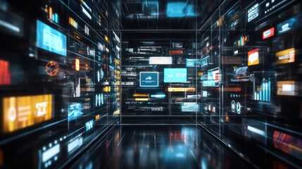 Futuristic digital data tunnel with glowing screens and grid lines