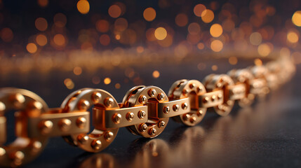 Golden Chain with Industrial Design in Shallow Focus and Sparkling Bokeh Light
