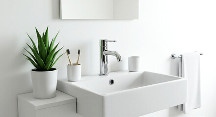 A modern bathroom sink area is showcased with a sleek white basin, a polished chrome faucet, a vibrant green snake plant, and minimalist accessories for a clean and contemporary aesthetic.